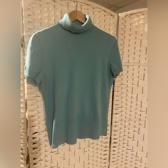 liz & co. Teal/Blue Turtle Neck Short Sleeve Shirt Size L - Picture 1 of 7